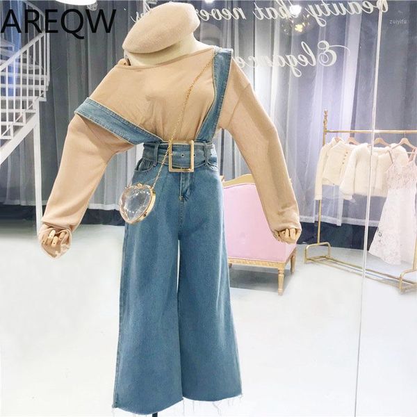 

korean high-waisted straps wide-legged trousers jeans women's wear 2018 autumn new college girl casual straps jeans high street1, Blue
