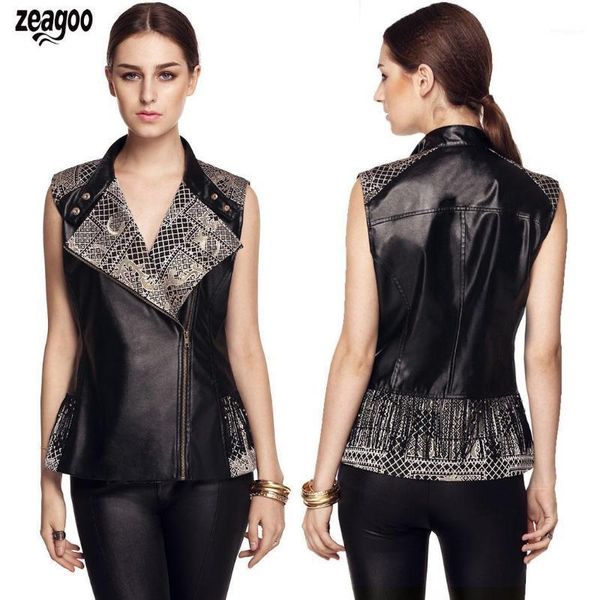 

women cool leather vest waistcoat outwear wide lapel sleeveless contrast color side zip jacket vest with tassel1, Black;white