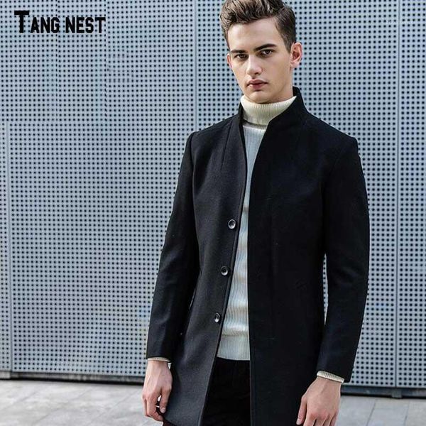 

tangnest men blends 2017 new arrival men's fashion black slim fit long blends male stand collar windproof autumn overcoat mwn2521