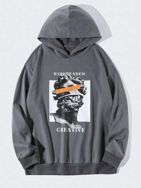 

men letter & figure graphic hoodie 69mr#, Black