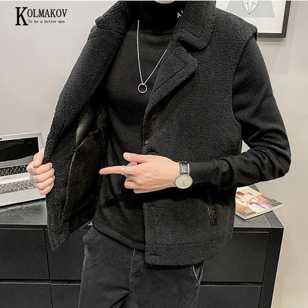 

kolmakov 2020 new korean men shorn sheepskin fur vest black gray thickened with velvet turn-down collar waistcoat male m-3xl, Black;white