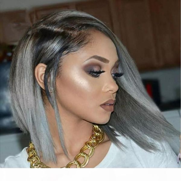 

brazilian grey ombre full lace human hair wigs wavy silver gray glueless front lace wigs 130% density with bleached knots gray hair wig, Black;brown