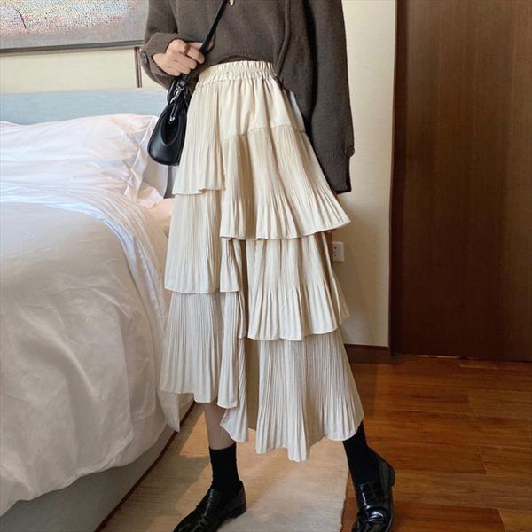 

2020 new korean autumn and autumn high fashion ruffles cake halfbody skirt female pleated vintage bottoms wk35901, Black