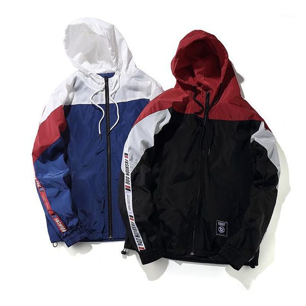 

color block patchwork windbreaker hooded jackets men hip hop full zip up pullover tracksuit jacket fashion streetwear1, Black;brown