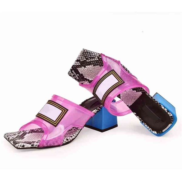 

mid-heel women sandal square toe fashion s real leather high heels slipper transparent pvc crystal us 11, Black