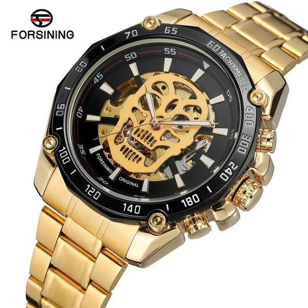 

forsining men wristwatch automatic mechanical sport male clock skull skeleton waterproof man watch 0261, Slivery;brown