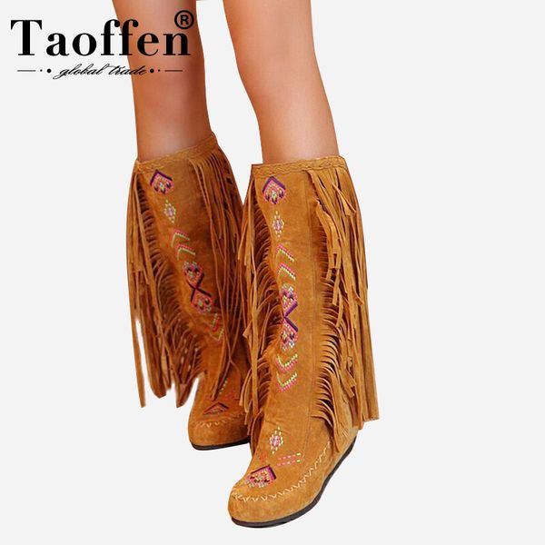 

taoffen fashion chinese nation style flock leather women fringe flat heels long boots woman tassel knee high boots size 34-43 y200723, Black