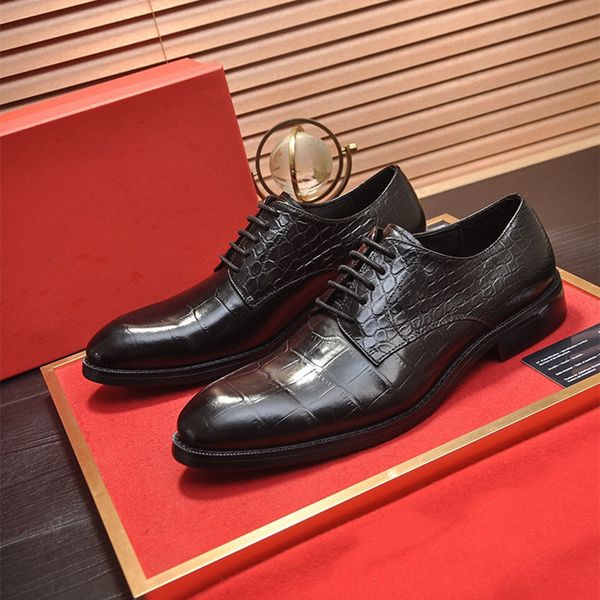 

luxury classic mens brogue oxfords dress shoes genuine cow leather brown pointed toe shoes male formal footwear wedding party, Black