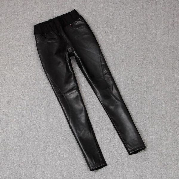 

england real quality sheep total length women's spring high waist fine pencil leather pants f1002, Black;white