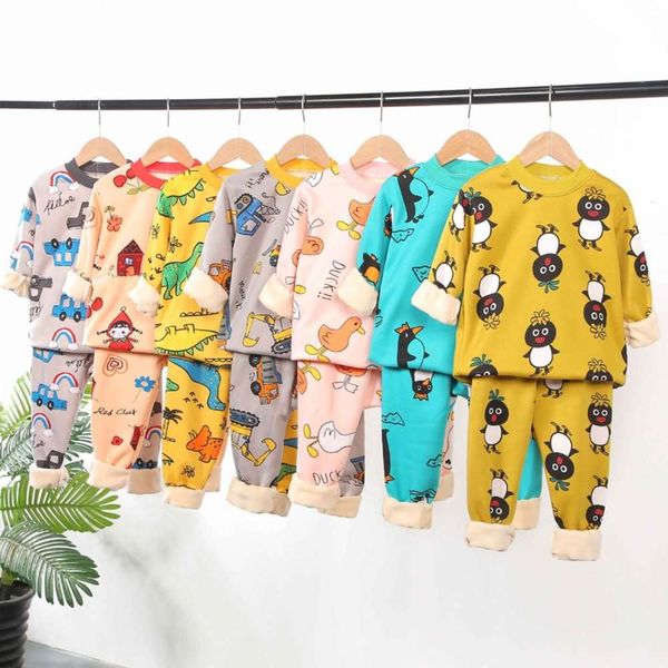 

children's underwear plush thickened two piece milk silk warm pajamas for boys and girls, Blue;red