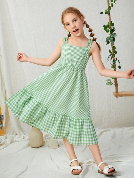 

girls gingham print ruffle hem dress she, Red;yellow