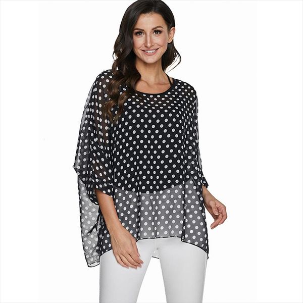 

плюс размер женщины 2020 мода в горошек print black blouse рубашка винтажные повседневные летние рубашки шифон топы tees blusas, White
