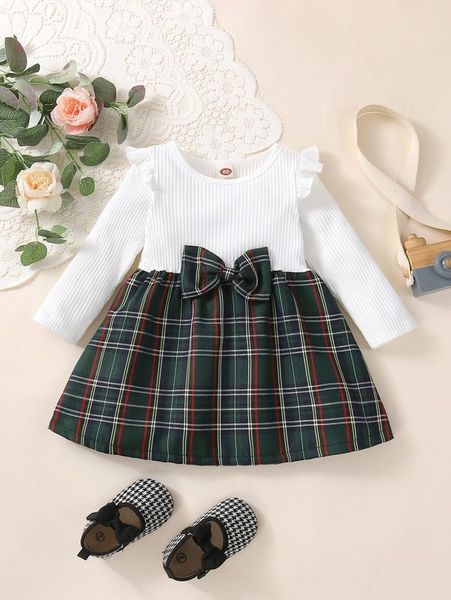 

baby bow front plaid dress she, Red;yellow