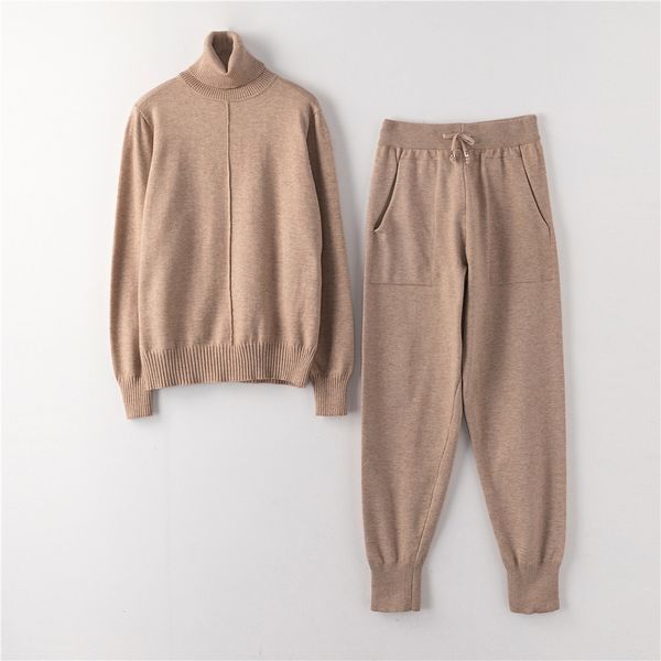 

autumn winter knitted tracksuit turtleneck woman sweatshirt lday cotton suit clothing 2 pcs set pant female casual homewear 201119, White