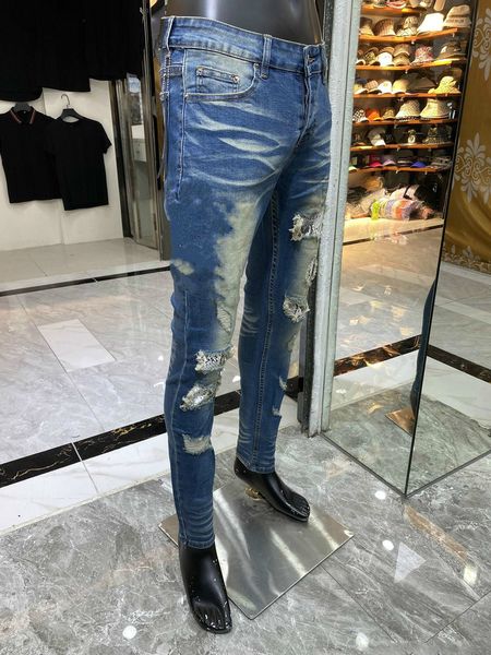

new mens designer heavy industry jeans ripped blue stripe vintage style hole fashion mens slim motorcycle biker causal mens holes jeans