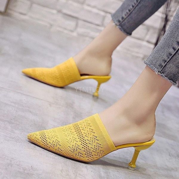 

slippers knitted elastic mules home women high heel female sock shoes summer brand designers zapatillas mujer casa1, Black
