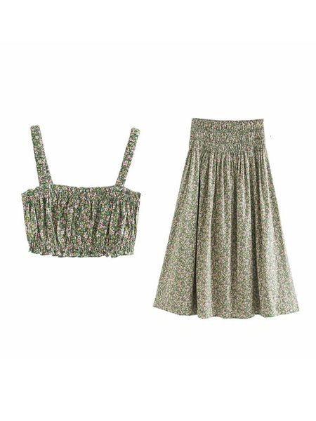 

2021 new vintage french small floral bubble short high waist elastic mid-calf long skirts 2 piece women's clothes ar02, Black;gray