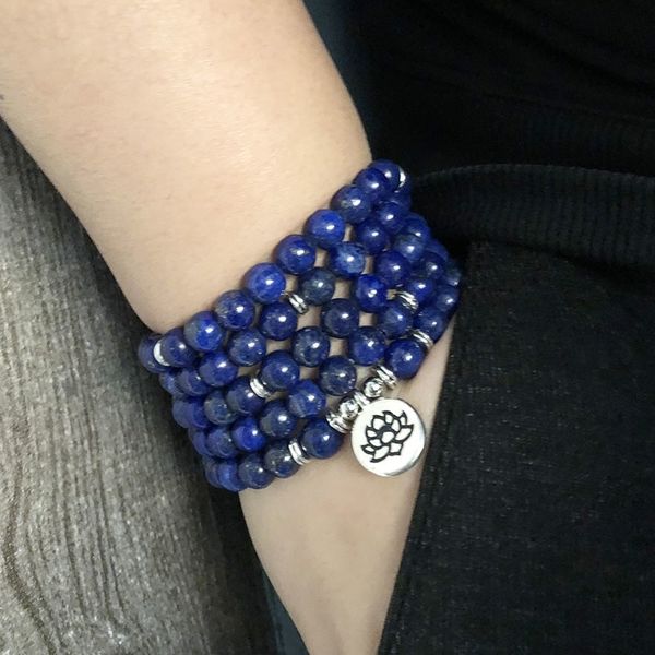 

5 wraps lapis lazuli beaded bracelet yoga lotus buddha charm wrist 108 mala beads anxiety relief healing om bracelet men y200730, Black