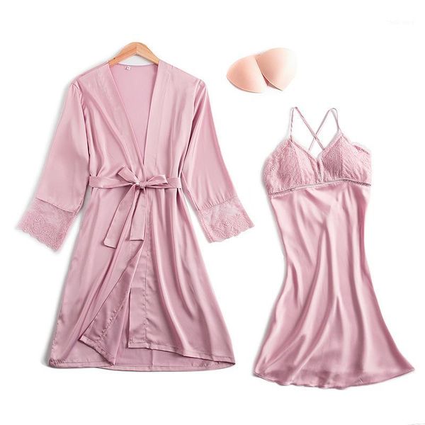 

women's new clothes ladies silk satin pajamas sleep pads pajamas chest pads casual home service suits1, Black;red