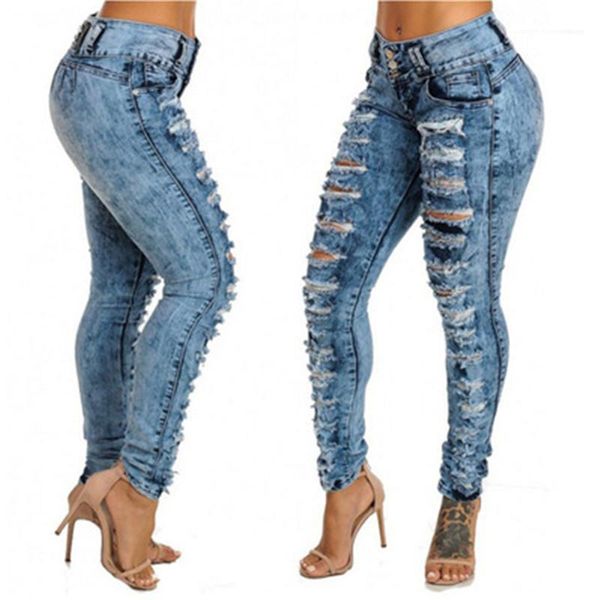 

casual zipper pencil pant women hole tassel jeans fashion occident trend high waist slim button denim pant designer female autumn new skinny, Blue