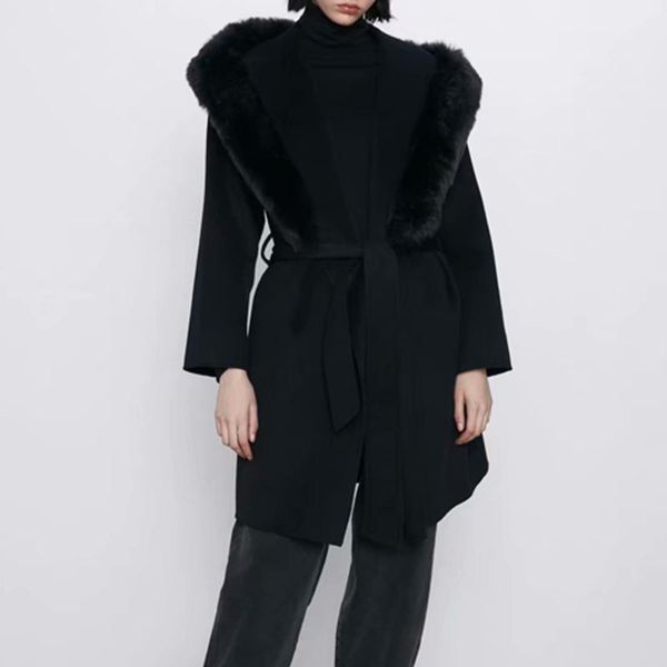 

new autumn winter woolen coat women's solid big fur collar fashion women jacket loose belt long overcoat female casual wool coat, Black