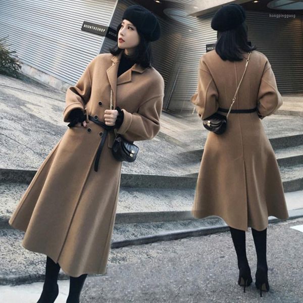 

office lady solid women long winter wool blend coat double breasted wool coat and jacket turn-down collar outerwear1, Black