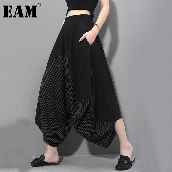 

[eam] high elastic waist black striped split long harem trousers new loose fit pants women fashion tide spring autumn 2020 lj201201, Black;white
