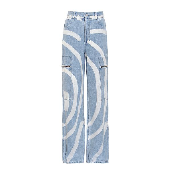 

2020 autumn and winter new fashion street style personality random stripes splicing loose high-waisted wide-legged jeans women high-waisted, Blue