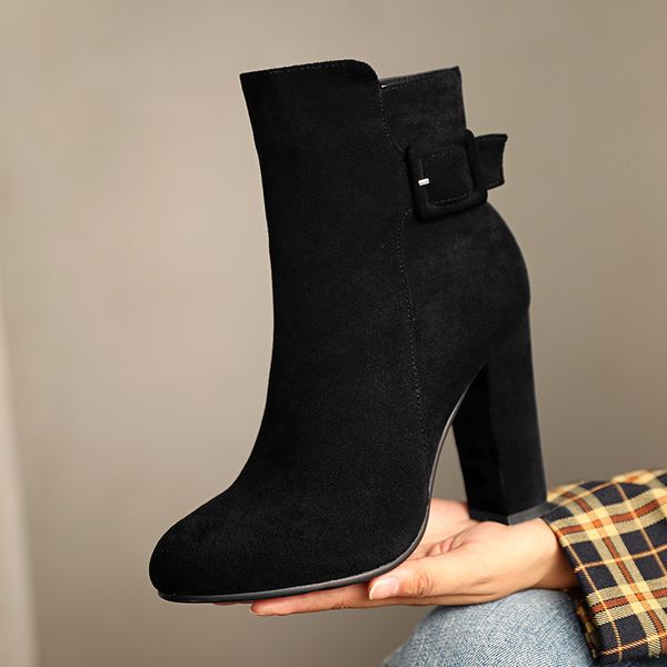 

2021 new ankle flock square high heel fashion short boots autumn winter round toe buckle zipper women shoes size 34-43 gx6i, Black