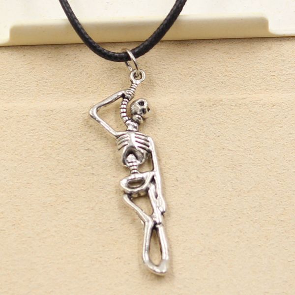 

tibetan silver color pendant skeleton man necklace choker charm black leather cord factory price handmade jewelry xkut