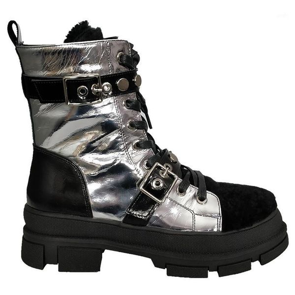 

boots women's winter warm genuine leather round toe platform shoes chunky heels for woman1, Black