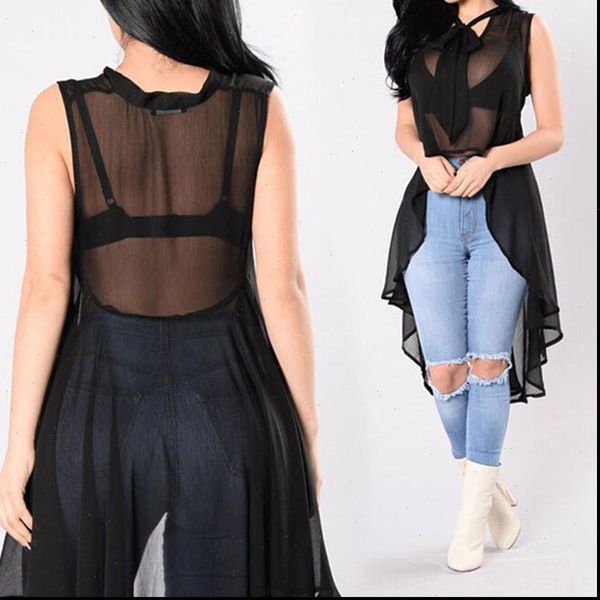 

new fashion womens sleeveless blouse 2021 solid color transparency loose casual summer sheer long blouse streetwear, White