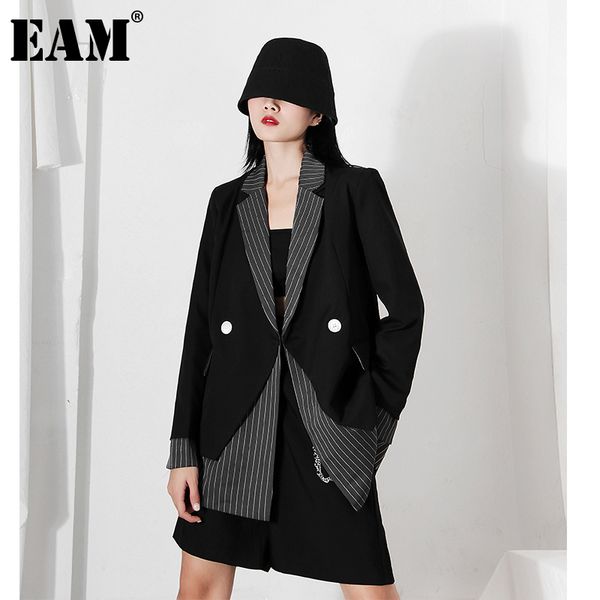 

[eam] women black striepd split bigs size blazer new lapel long sleeve loose fit jacket fashion tide spring autumn 1da559 201201, White;black