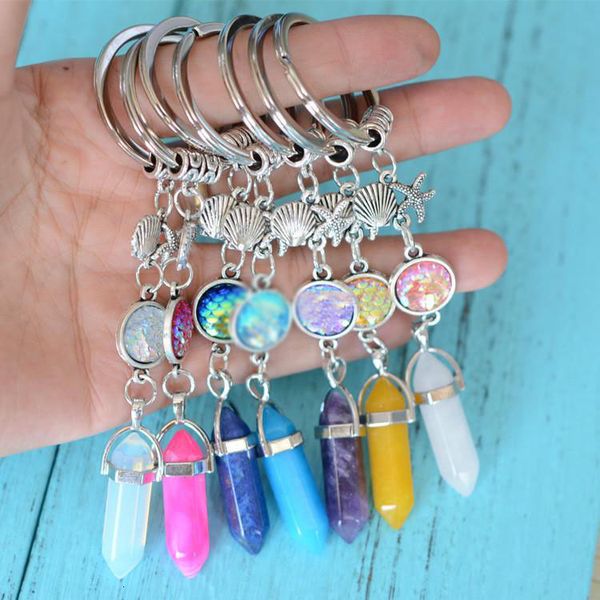 

prism keychain hexagon fashion drusy druzy natural stone mermaid key rings starfish fish scale charms keychain jewelry f, Slivery;golden
