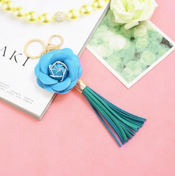 

camellia flower women leather tassel key chain golden fashion key ring women bag pendant car keychain eh814 h bbymgl