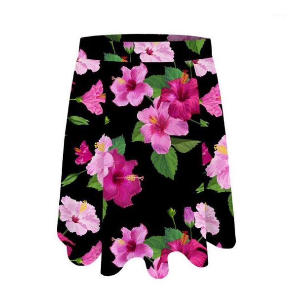 

kissqiqiwomens 3d digital print floral colorful patterns stretchy pleated fashion casual mid-long skirt1, Black