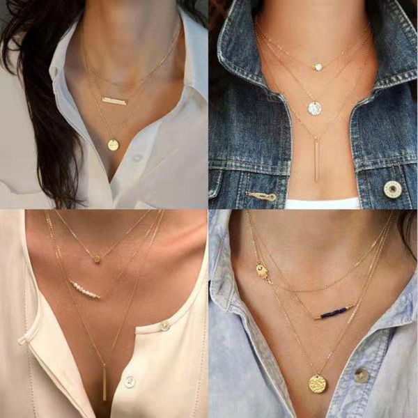 

chains european and american fatima wish bones, pearl sticks ,sequins, multi-layer chain necklaces, clavicle chains., Silver