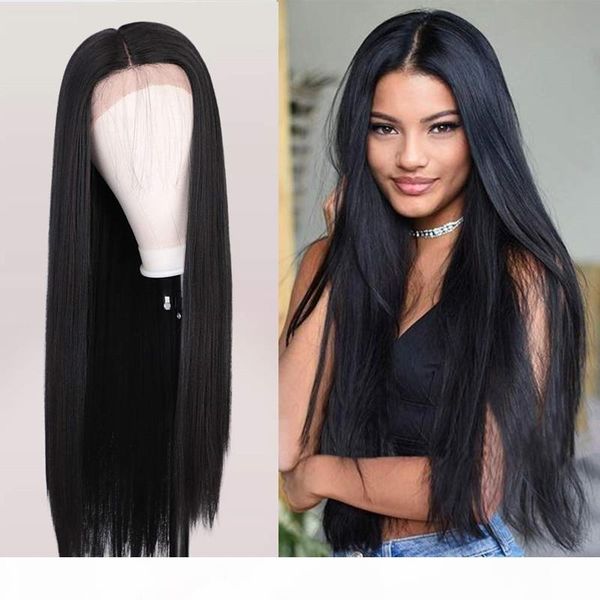 

natural silky straight synthetic lace front long full wigs high temperature fiber lace 10% human hair lace wig fashion black women