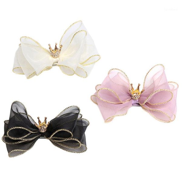 

three-dimensional flower crown hair ornaments hairpin organza bow hairpin crown hair clips for baby girls new1, Slivery;white