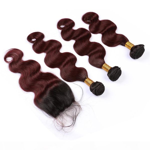 

body wave 1b 99j wine red ombre human hair weaves with closure ombre burgundy virgin hair lace closure 4x4 with bundles malaysian hair, Black;brown