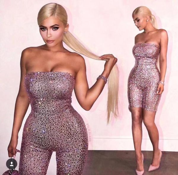 

new celebrity pink purple bright strapless rayon bandage playsuit evening party jumpsuit1, Black;white