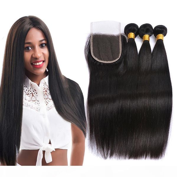 

lace closure with 3 bundles brazilian human hair weaves malaysian straight virgin hair grade 8a brazillian hair closures, Black;brown