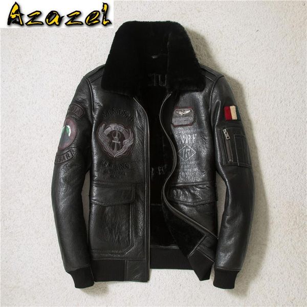 

azazel winter genuine leather jacket men sheepskin coat motorcycle flight jacket embroidery shearling leather jackets swy-966, Black