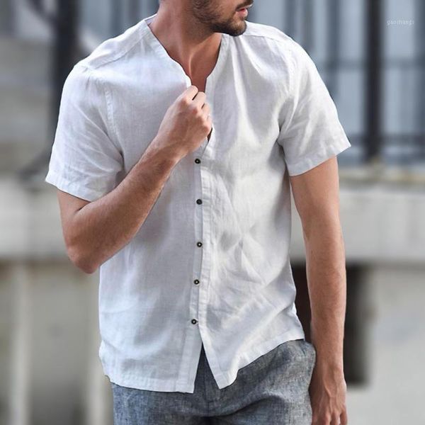 

2020 summer men's baggy cotton linen solid short sleeve button retro blouse hawaiian shirt chemise homme camisas hombre1, White;black