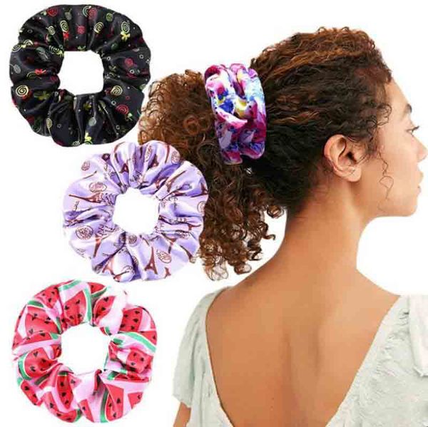 

retro floral scrunchies headband satin large intestine hair tie elastic hair rubber girls scrunchy ponytail holder hair accessories, Slivery;white