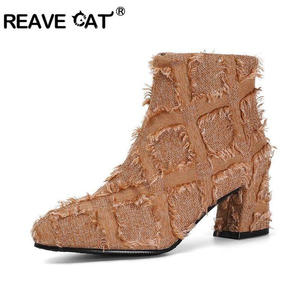 

boots reave cat 2021 women autumn ankle denim jeans cloth fur side zipper booties thick square heels size 10 12 botas mujer, Black