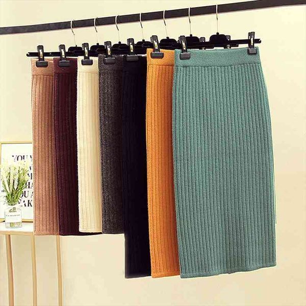 

womens knitted skirts slim solid ladies elastic band high waist pencil skirt bodycon women long skirts jupe femme faldas, Black