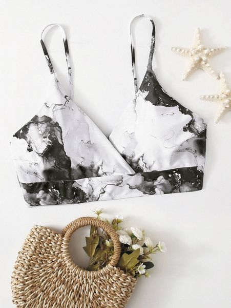 

plus marble print bikini g54b#, Black