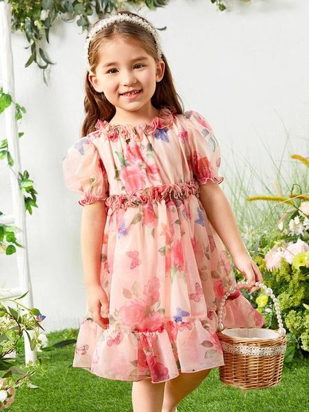 Toddler Kızlar Çiçek Baskı Frill Trim Puf Kol Organze Elbise O