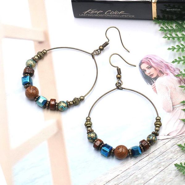 

1 pair bohemia crystal earrings for women ethnic big circle round hollow earring vintage metal wooden beads earrings1, Golden;silver